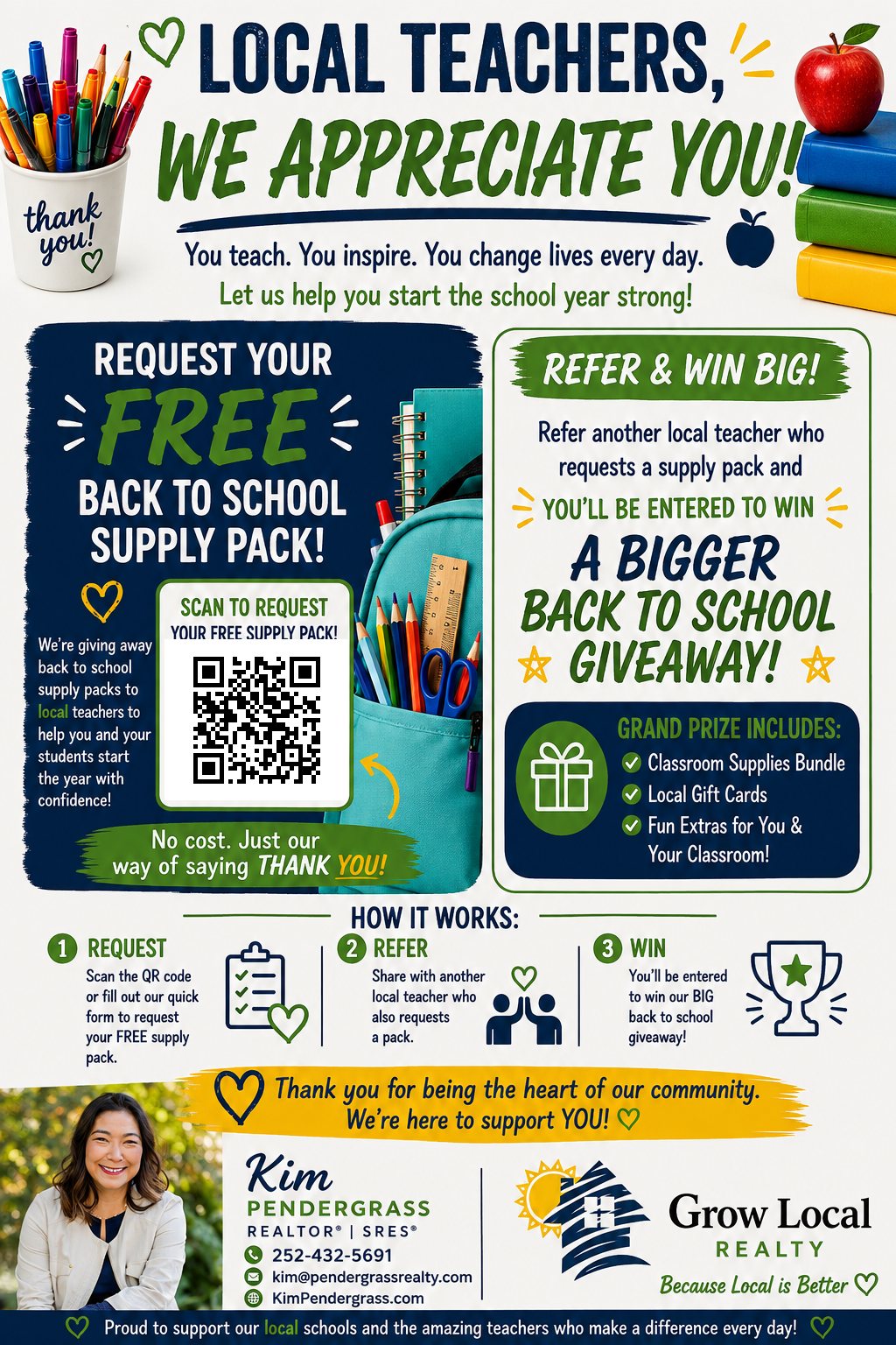 Local Teachers, We Appreciate You &mdash; free back-to-school supply pack flyer from Kim Pendergrass, Grow Local Realty