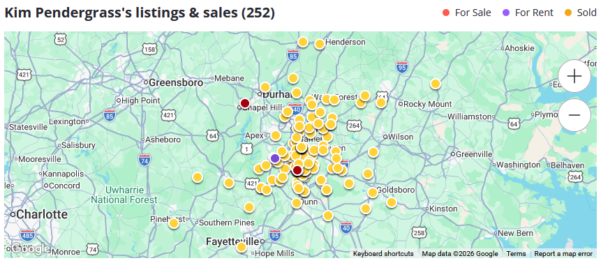 Map showing 252 homes sold by Kim Pendergrass across the Triangle area of North Carolina